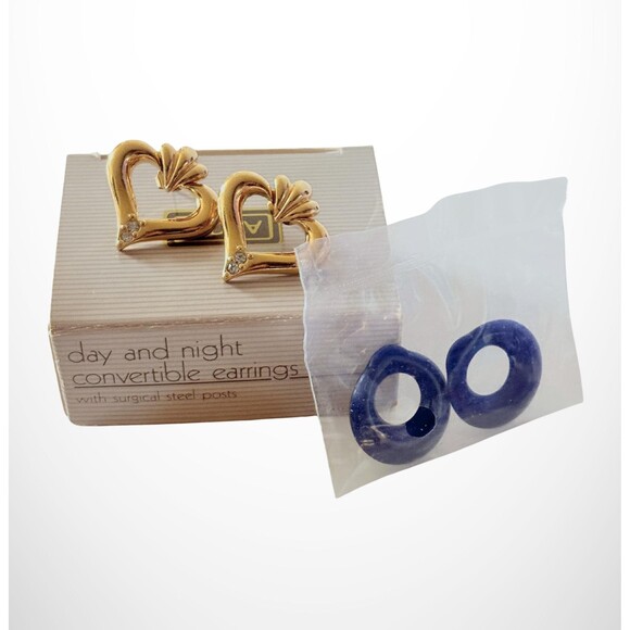 1987 Avon Day and Night Convertible Earrings | Heart-shaped with Rhinestones NIB - Picture 1 of 4